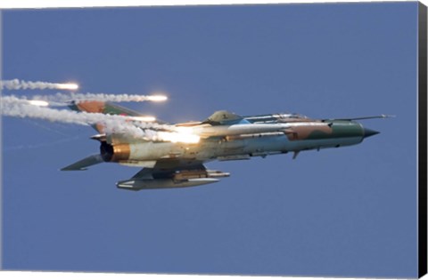 Framed Romanian Air Force MiG-21 MF LanceR popping flares Print