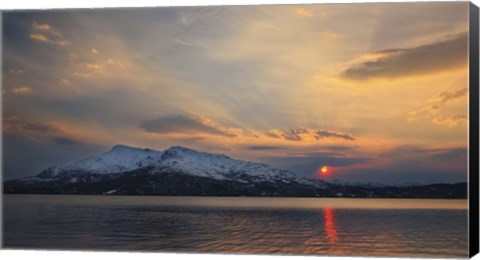 Framed Midnight Sun over Tjeldsundet strait in Troms County, Norway Print