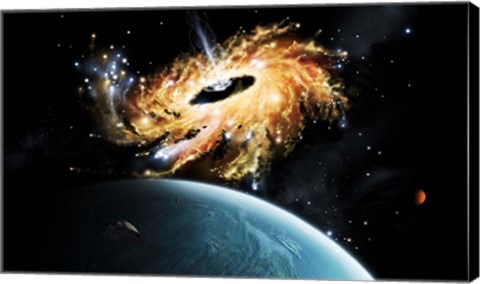 Framed space shuttle tries to avoid the gravity well of a supermassive black hole Print