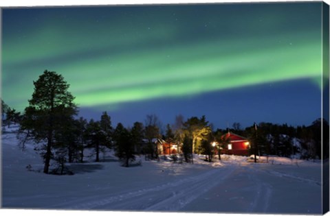 Framed Aurora Borealis over farm houses, Tennevik Lake, Troms, Norway Print