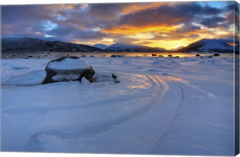 Framed winter sunset over Tjeldsundet at Evenskjer, Troms County, Norway Print