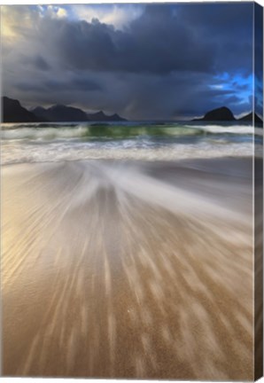 Framed Waves washing back to sea on Haukland Beach, Lofoten, Norway Print