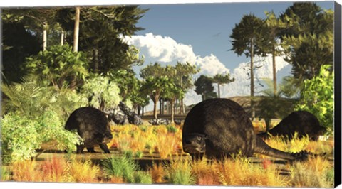 Framed Prehistoric glyptodonts graze on grassy plains Print