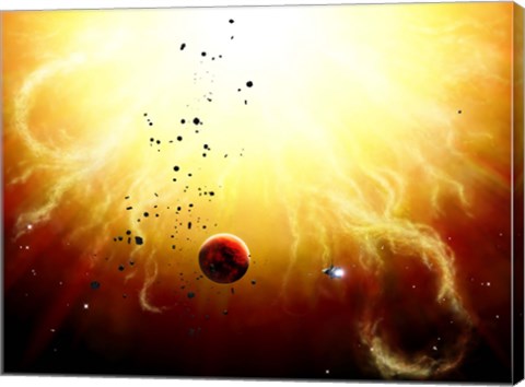 Framed Artist&#39;s concept of a manned expedition to the inner planets of a raging star Print