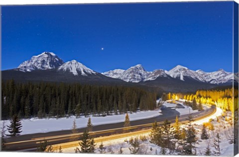 Framed moonlit nightscape over the Bow River and Morant&#39;s Curve in Banff National Park, Canada Print