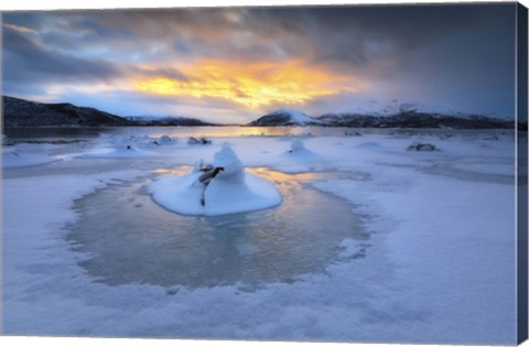 Framed frozen fjord that is part of Tjeldsundet in Troms County, Norway Print
