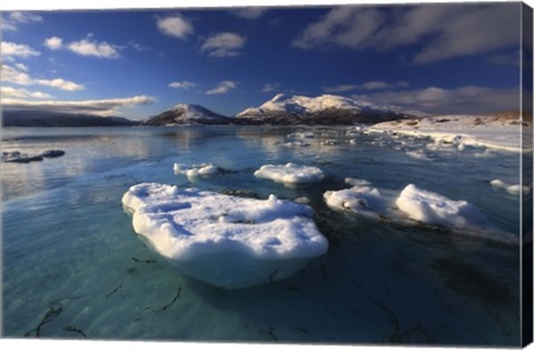 Framed winter view looking out in Tjeldsundet strait, Norway Print