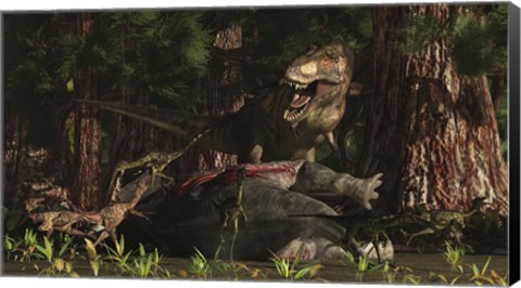 Framed T-Rex returns to his kill and finds some poaching raptors Print