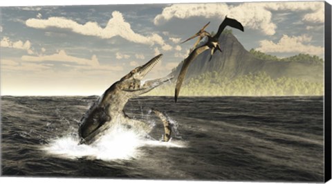 Framed Tylosaurus jumps out of the water, attacking a Pteranodon Print