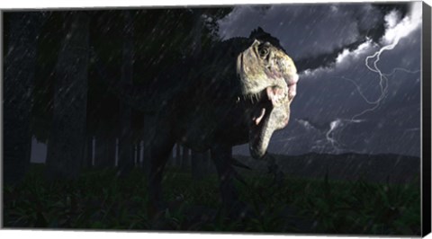 Framed Acrocanthosaurus dinosaur on a stormy night Print