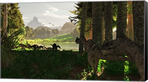 Framed Ceratosaurus dinosaurs stalk a herd of Camptosaurus eating plants Print