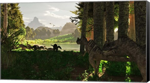 Framed Ceratosaurus dinosaurs stalk a herd of Camptosaurus eating plants Print