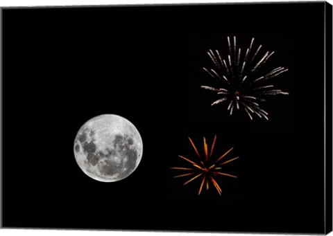 Framed composite image with fireworks and a new Moon Print