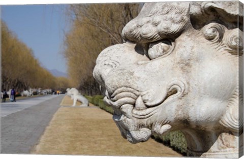 Framed Carved statues of lion creature, Changling Sacred Way, Beijing, China Print