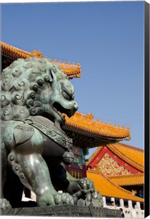 Framed Bronze mythological lion statue, Forbidden City, Beijing, China Print