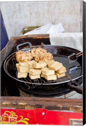 Framed China, Shanghai. Village of Zhujiajiao. Homemade snacks cooked in wok. Print