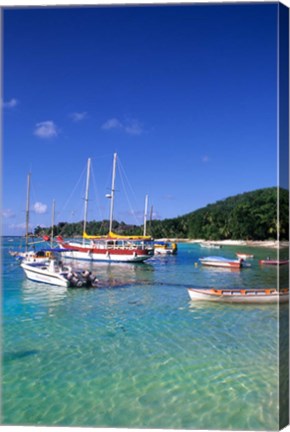 Framed Boats, beach, La Digue, Seychelle Islands Print