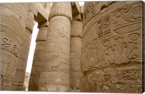 Framed Hieroglyphic covered columns in hypostyle hall, Karnak Temple, East Bank, Luxor, Egypt Print