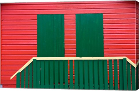 Framed Red and Green wooden cottages, Muizenberg Resort, Cape Town, South Africa Print