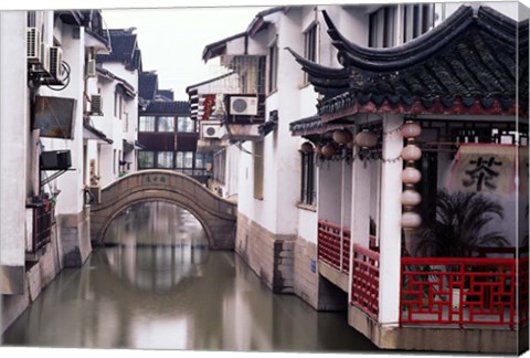 Framed Canal Seperates White Ming Buildings, Suzhoul, Jiangsu, China Print