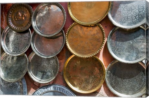 Framed Brass plates for sale in the Souk, Marrakech (Marrakesh), Morocco, North Africa Print