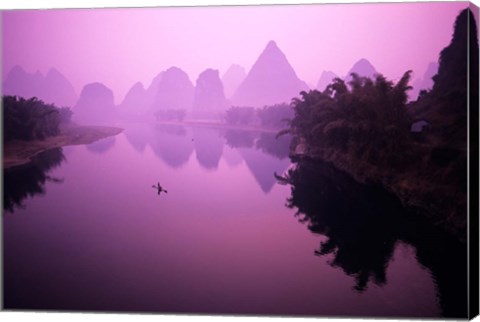 Framed Fisherman on Raft in Li River, Yangshou, Guanxi, China Print