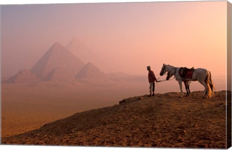 Framed Dawn View of Guide and Horses at the Giza Pyramids, Cairo, Egypt Print