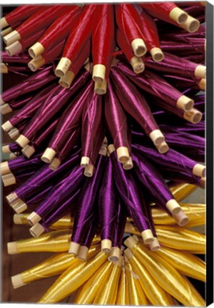 Framed Colorful Spools of Thread Hang in the Market, Fes, Morocco Print