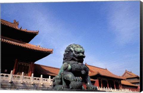 Framed Bronze lion statue, , Forbidden City, China Print