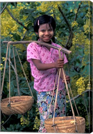 Framed Girl with Painted Face Carrying Basket on Shoulder Pole, Myanmar Print
