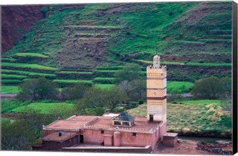 Framed Geometric Tilework on Mosque Minaret, Morocco Print