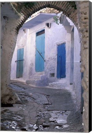 Framed Blue Doors and Whitewashed Wall, Morocco Print