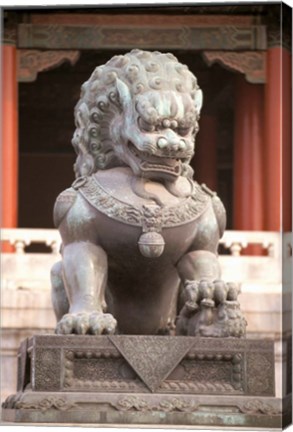 Framed China, Beijing, Forbidden City. Bronze lion statue Print