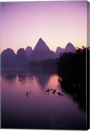 Framed Fishing rafts on Li River, dawn, Guangxi Province, China Print