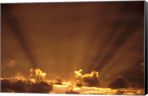 Framed Africa, Botswana. Dramatic sunbeams in the sky Print