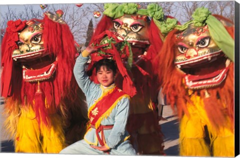 Framed Girl Playing Lion Dance for Chinese New Year, Beijing, China Print