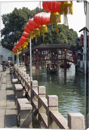 Framed Boat in canal with old wooden bridge, Zhujiajiao, Shanghai, China Print