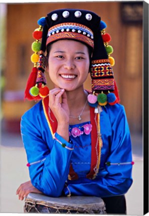 Framed China, Yunnan, Young De&#39;ang Woman portrait with Drum Print