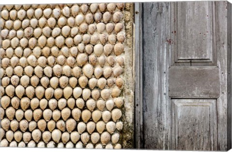 Framed Cowrie shells on wall of building, Ibo Island, Morocco Print