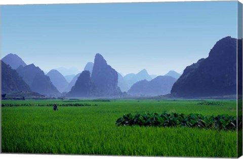 Framed Farmland with the famous limestone mountains of Guilin, Guangxi Province, China Print