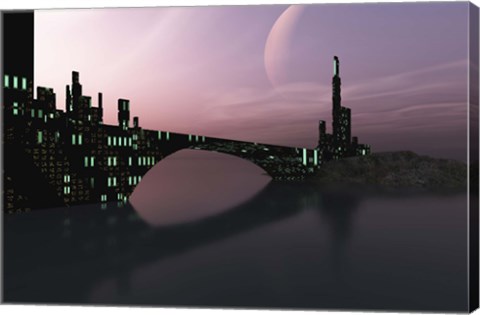 Framed City Relection in Calm Waters of Another Galaxy Print