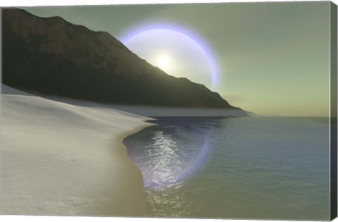 Framed halo surrouds the sun over this white sand beach Print