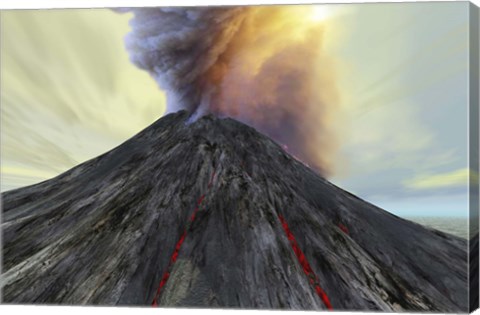 Framed active volcano belches smoke and ash into the sky Print