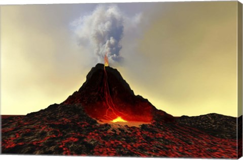 Framed active volcano spews out hot red lava and smoke Print