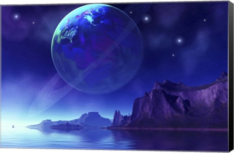 Framed Cosmic seascape on another world with a ringed planet in the night sky Print