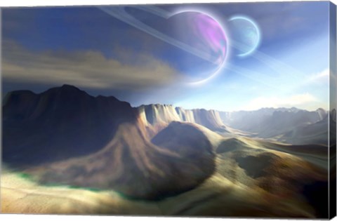 Framed Mountainous landscape on a futuristic world with two beautiful moons Print