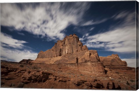 Framed Red rock formation illuminatd by moonlight in Arches National Park, Utah Print