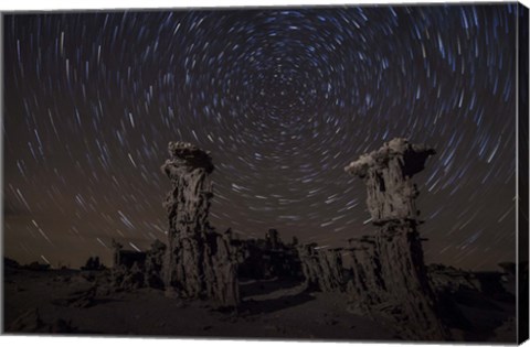 Framed Star trails above sand tufa formations at Mono Lake, California Print