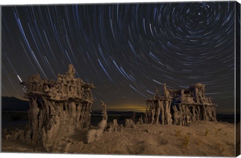 Framed Star trails and intricate sand tufa formations at Mono Lake, California Print