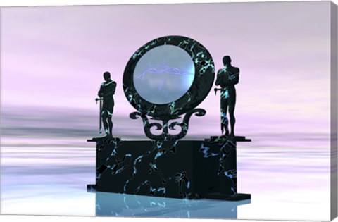 Framed Statues stand near a dimensional portal to another universe Print